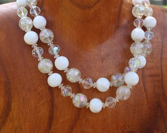 Vintage 1950s Vendome Double Strand AB Faceted Crystal, Clear Round and Variegated White Glass Beads Choker with Matching Clip On Earrings