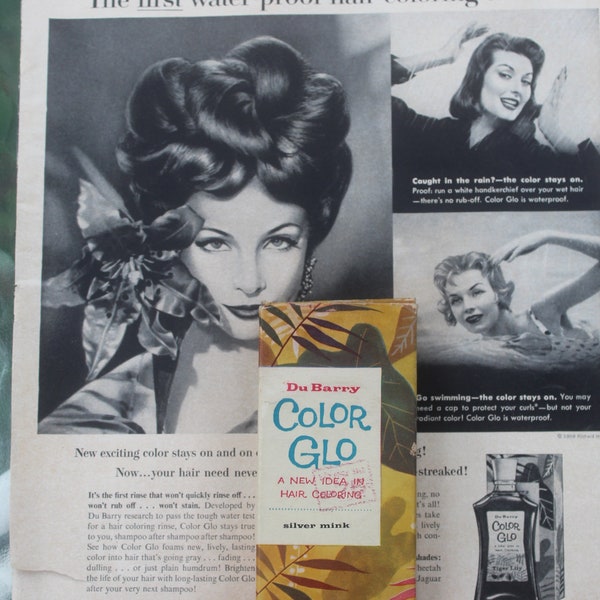 Vintage 1950s DuBarry Du Barry Color Glo Silver Mink Hair Coloring in Box with Original Full Page Printed Magazine Advertisment Ad