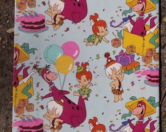 Vintage 1990s Current Hannah Barbera Flintstones Dino, Pebbles, Bam-Bam  Birthday Flat Wrapping Paper