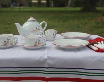 Vintage 1990s Pleasant Co American Girls Molly McIntire Happy Birthday China Tea Set with Tablecloth and Napkins