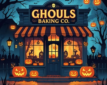 May include: Illustration of a Halloween-themed bakery, "Ghouls Baking Co.", with jack-o'-lanterns, bats, and a spooky atmosphere. The building has a dark blue facade, orange and black striped awning, and glowing windows. Pumpkins are placed in front of the bakery.