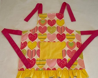 Girl's Ruffled Apron/Child's Apron/Kid's Apron in Bright Hearts Pattern/FREE SHIPPING