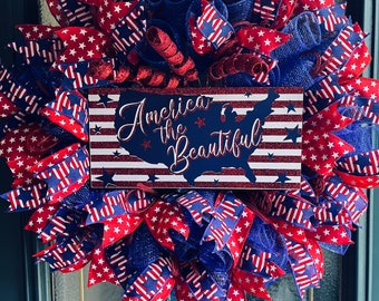 Patriotic Wreath/ America the Beautiful Wreath/ Patriotic Decor/4th of July Wreath/Door Wreath/ Free Shipping
