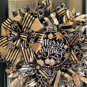 Gold and Black Merry Christmas Wreath/ Black and Gold Christmas Wreath /Free Shipping