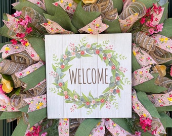 Spring Summer Welcome Wreath/ Pink and Green Floral Welcome Wreath/Spring  Decor/Spring Summer Wreath/Free Shipping