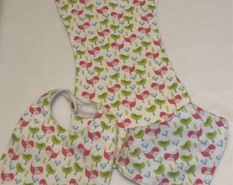 Pink and Green Birds Baby Bib Burp Cloth Gift Set/Create Your Own Baby Shower Gift FREE SHIPPING