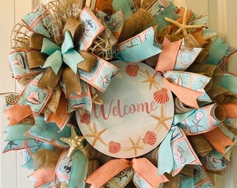Beach Welcome Wreath/ Blue and Coral Beach Seashell Wreath/Summer Wreath/Everyday Wreath/ Coastal Decor/Free Shipping