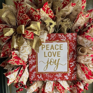 Christmas Wreath/Peace Love Joy Wreath/Red and Gold Christmas Wreath/ Christmas Decor/Free Shipping