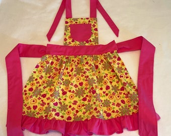 Girl's Ruffled Apron/Child's Apron/Kid's Apron Bright Yellow and Pink Flowers/FREE SHIPPING