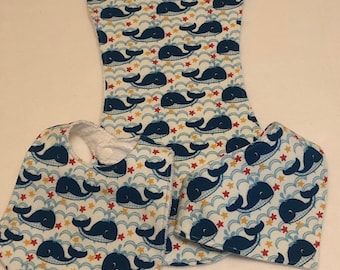 Blue Whales Baby Bib Burp Cloth Gift Set /Create Your Own Baby Shower Gift FREE SHIPPING