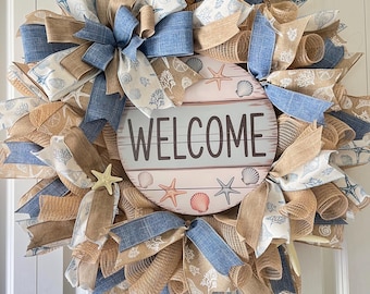 Coastal Beach Welcome Wreath/ Blue and Beige Beach  Wreath/ Seashell Wreath/Summer Wreath/ Coastal Decor/Free Shipping