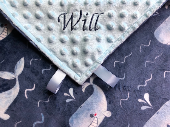 Personalized Minky Baby Blanket Whales//Stroller Blanket//Lovey//Taggie//Baby Gift