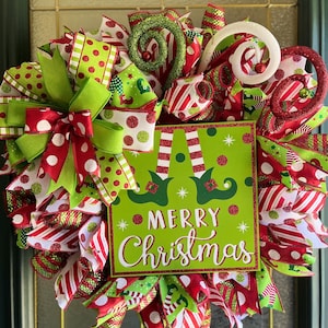 Lime Green and Red Elf Merry Christmas Wreath/Merry Christmas Wreath/ Elf Christmas Wreath