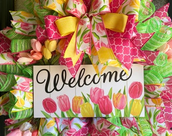 Tulip Welcome Wreath/Spring  Decor/Spring Summer Wreath/Free Shipping