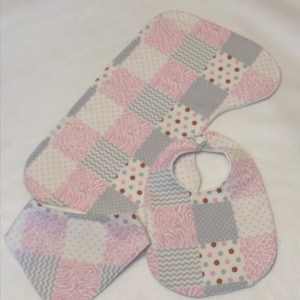 Pink and Gray Animal Patchwork Print Baby Girl Bib Burp Cloth Gift Set /Create Your Own Baby Shower Gift FREE SHIPPING