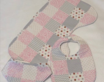 Pink and Gray Animal Patchwork Print Baby Girl Bib Burp Cloth Gift Set /Create Your Own Baby Shower Gift FREE SHIPPING