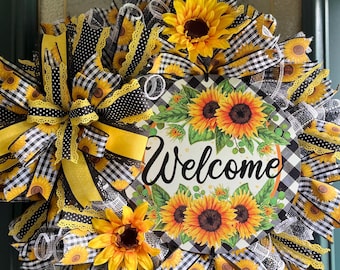 Sunflower Welcome Wreath/Welcome Wreath/Summer Wreath/Everyday Wreath/ Deco Mesh Wreath/ Door Wreath/Free Shipping