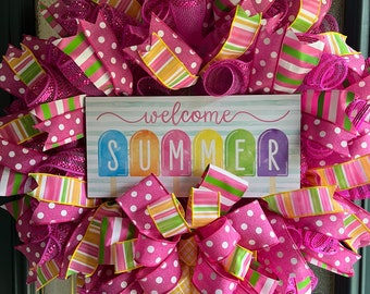 Summer Pink Welcome Wreath/ Summer Door Wreath/ Summer Decor/Door Wreath/ Free Shipping