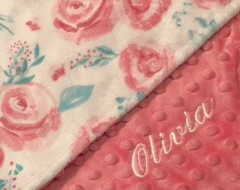 Personalized Pink Roses Minky Baby Blanket /Stroller Blanket/Lovey/Baby Shower Gift FREE SHIPPING