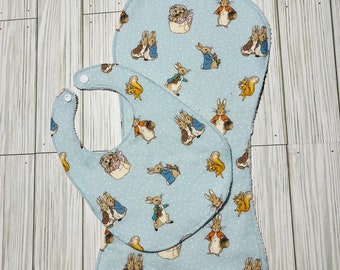 Peter Rabbit Baby Bib/Burp Cloth Gift Set/ Custom Baby Shower Gift FREE SHIPPING