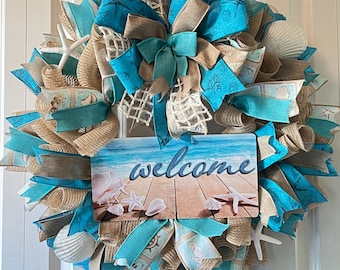 Coastal Beach Welcome Wreath/ Turquoise and Beige Beach Seashell Wreath/Summer Wreath/Everyday Wreath/ Coastal Decor/Free Shipping