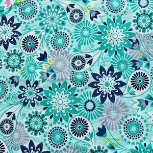 Turquoise Floral Cotton Fabric 1 yd