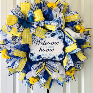 Blue and Yellow Floral Wreath/Welcome Wreath/Summer Everyday Wreath/ Door Wreath/Free Shipping