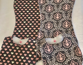 Pink and Gray Hearts Baby Girl Bib Burp Cloth Gift Set/Baby Shower Gift