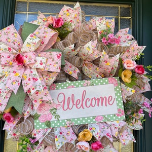 Spring Summer Floral Welcome Wreath/ Pink and Green Floral Welcome Wreath/Spring  Decor/Spring Summer Wreath/Free Shipping