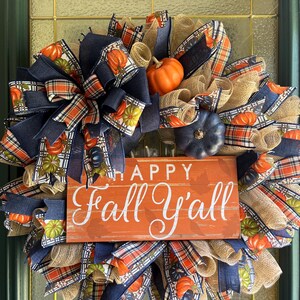 Fall Wreath/Navy Blue Pumpkin Wreath/Happy Fall Wreath / Fall Decor/Free Shipping