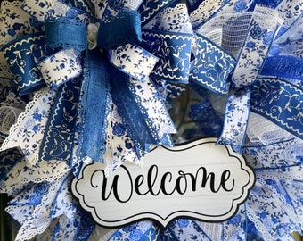 Blue Floral Welcome Wreath/ Blue and White Floral Welcome Wreath/Deco mesh wreath/Spring Summer Wreath/Free Shipping