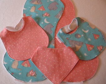 Baby Girl Bib/Burp Cloth Gift Set/Camp Wee One Turquoise & Coral/ Baby Shower Gift