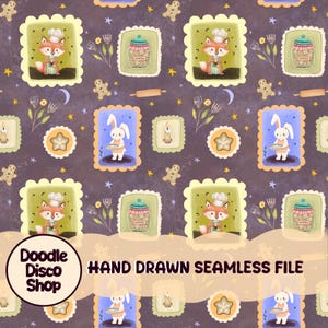 May include: Seamless pattern featuring a repeating design of a fox chef, a bunny with a pie, jars of cookies, gingerbread men, and stars. The text "HAND DRAWN SEAMLESS FILE" is included in the design. The color palette includes shades of purple, green, and yellow.