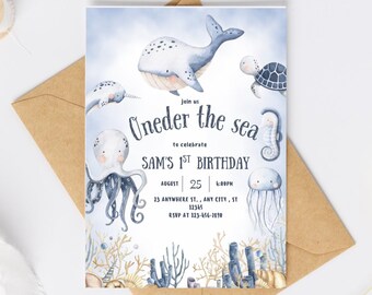 Watercolor Under the Sea Birthday Invitation: Coral Reef Theme (Digital File