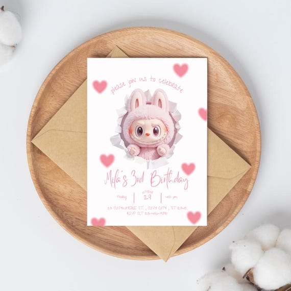 Pinky Labubu Party Invitation: Editable Canva Template  ( digital download )