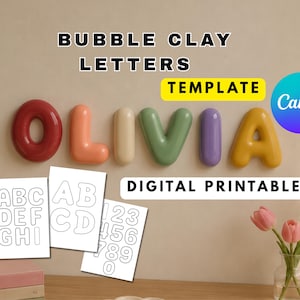 Puede incluir: Una plantilla digital imprimible para letras y números de arcilla. La imagen muestra el texto BUBBLE CLAY LETTERS TEMPLATE y DIGITAL PRINTABLE, junto a letras con estilo 3D que forman OLIVIA en rojo, naranja, crema, verde, morado y amarillo.