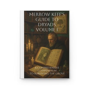 May include: A book cover with the title "Merrow Keff's Guide to Dryads Volume I." The image features an illustration of an older man reading a book with a detailed illustration. The book is open, revealing a drawing of a woman. The book is on a table with candles.