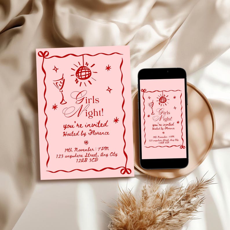 Editable Girls Night Invitation Template | Pink & Red Decorative Design ...