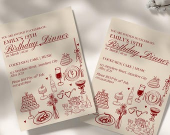 Red Birthday Dinner Invitation Editable Template –  Printable 5x7" + Mobile Version | Canva Editable | Instant Download