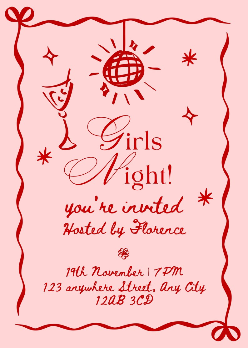 Editable Girls Night Invitation Template | Pink & Red Decorative Design ...