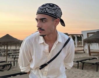 Bandana clásica Paisley para hombre | Pañuelo cuadrado de 50 × 50 cm | Negro, Marfil, Azul marino y Rojo