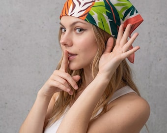 Bandana de Satén con Estampado de Tigre Tropical, Pañuelo Cuadrado Naranja Verde
