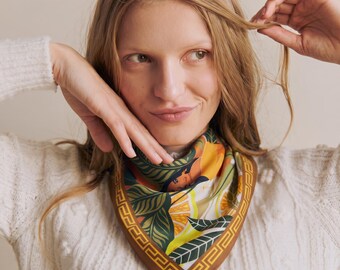 Bandana para Mujer con Estampado Tropical de Cítricos, Pañuelo Cuadrado para el Cabello, Pañuelo para el Cuello con Borde Griego