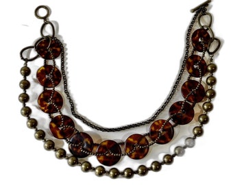 Boho Statement Necklace 3 Strand Faux Tortoise Brown Goldtone Chain 18 in Mkd