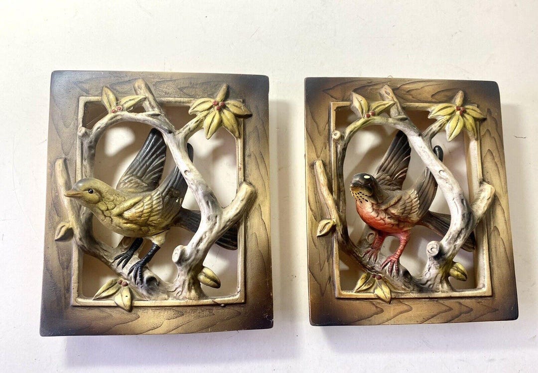 Porcelain Birds Wall Hangings Robin Gold Finch Art Plaques Cottage Set ...
