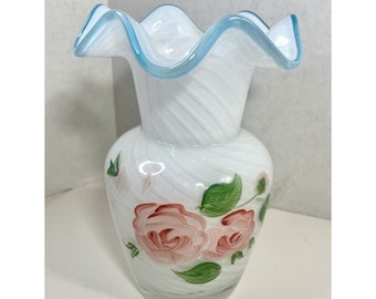 Ruffle Top Glass Vase White Swirl Blue Crest Hand Painted Pink Floral 6 inch