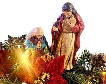 VTG  Nativity Scene Holy Family Lighted Handpainted MCM