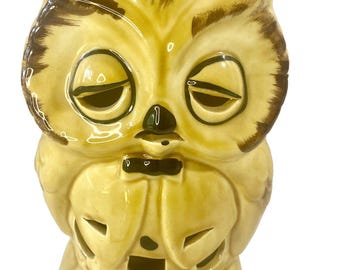 Vintage Pottery Sleepy Owl Figurine Candle Cover Luminary Ceramic 8 in