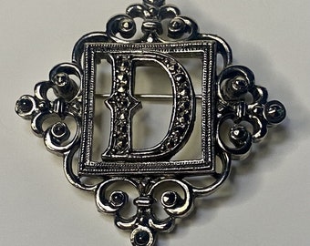 Vintage Monogram Initial D Marcasite Brooch Pin Filigree 1990s Silvertone