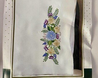VTG Floral Fantasy Pillow Case Kit 2 Pillow Cases Stamped Embroidery Floss Hoop
